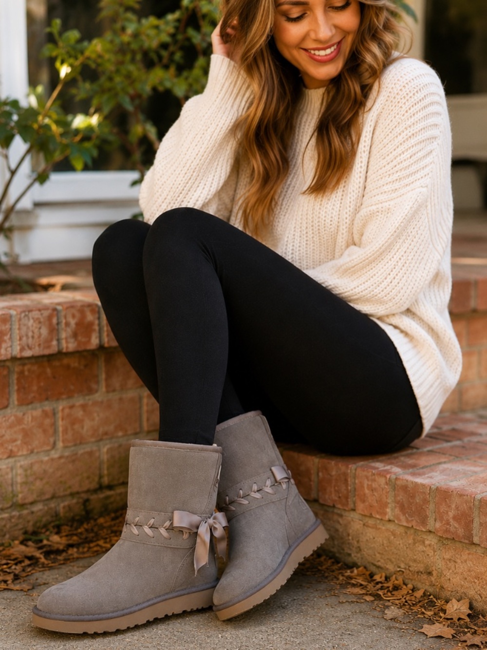 NIB UGG Classic Lace Short Boots Gray Suede Satin Bow